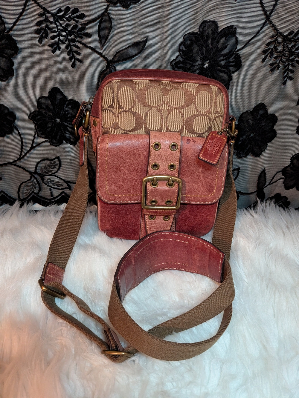 Coach Men’s Signature Canvas Messenger Bag with Red Leather Trim SPECIAL EDITION